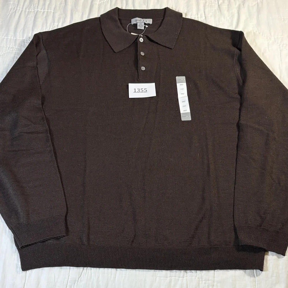 Linea Uomo‎ Men's 3XLT Chocolate Brown Wool Blend Long Sleeve Polo Sweater NWT
